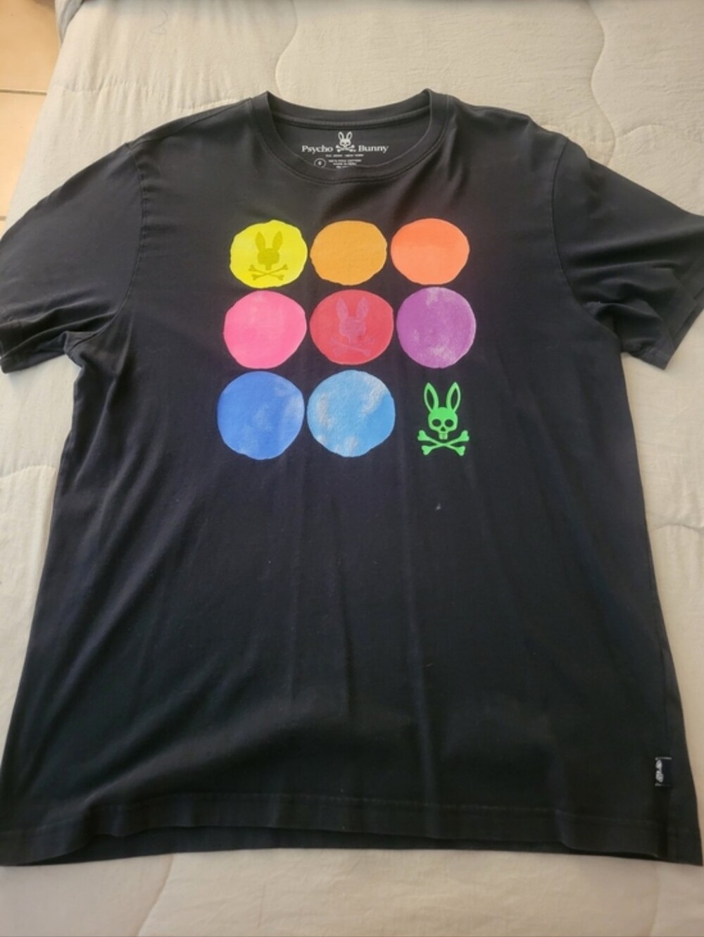 Psycho Bunny Black Tee with Neon Multi-Color Dot Grid